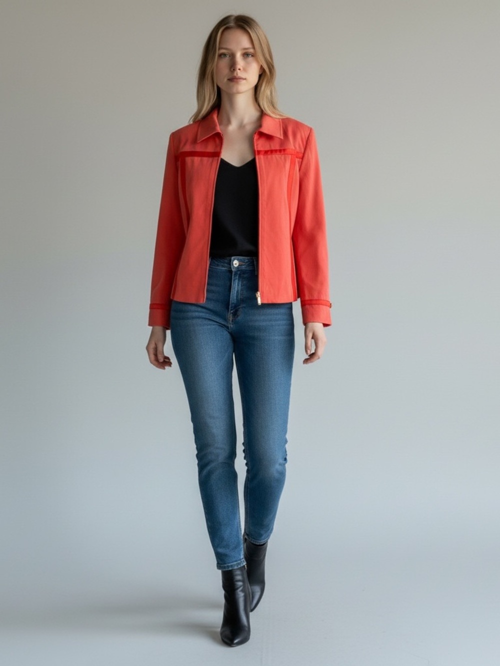 ST. JOHN SPORT Coral Orange Zip Front Stretch Jacket Blazer L Work Jean Casual - Picture 2 of 11